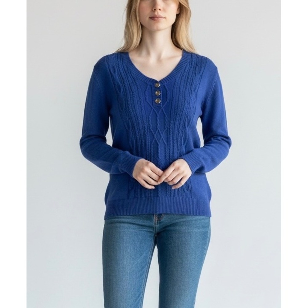 Royal Blue Cable Knit Henley Sweater Women Medium 100% Cotton V-Neck Karen Scott